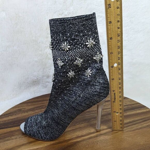 Badgley Mischka Viva Peep Toe Sock Bootie Heels Women’s Size 6.5 Black Silver - Picture 13 of 15
